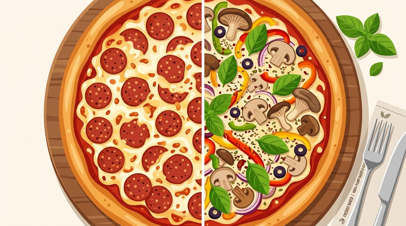 A mouth-watering spread of two whole pizzas side-by-side. On the left, a classic pepperoni pizza with gooey melted cheese. On the right, a vibrant vegan pizza with wild mushrooms, basil, and roasted peppers. Modern vector style, vibrant colors.