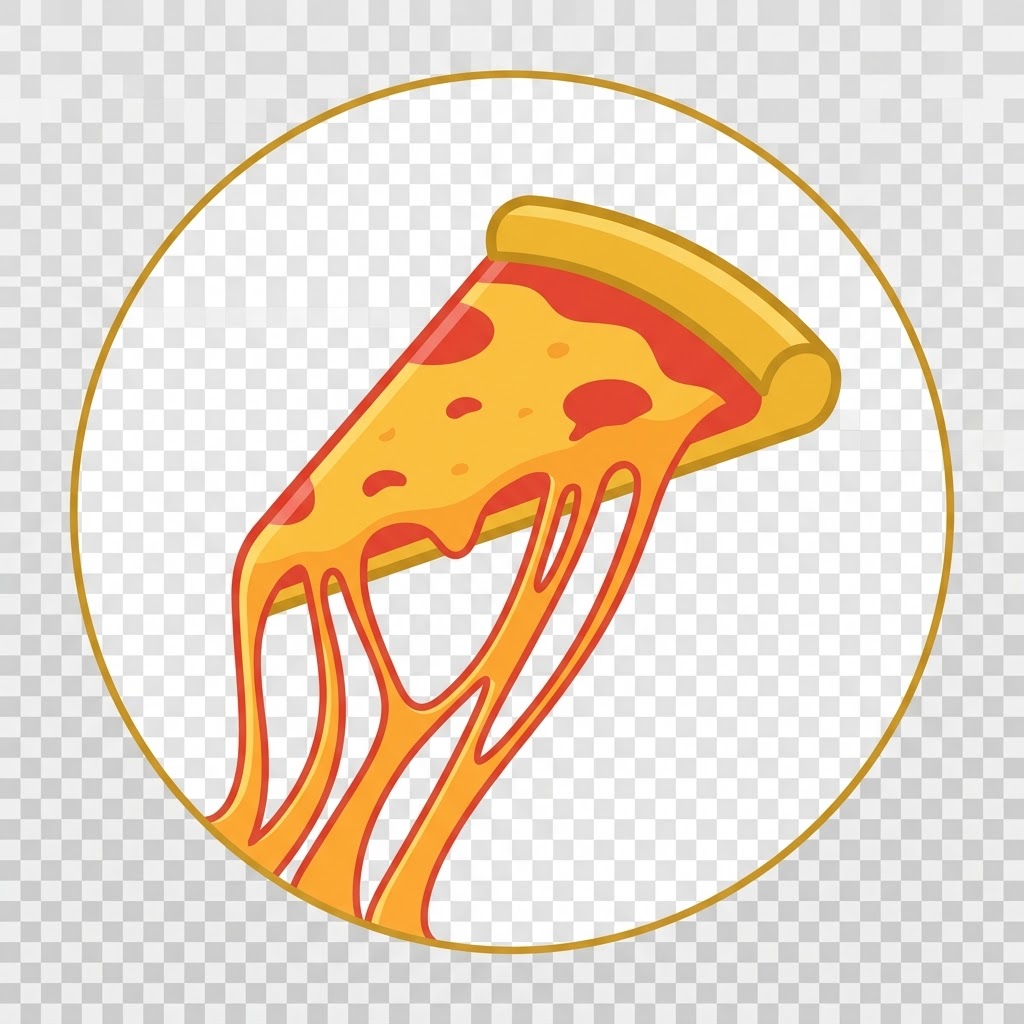 A simple, minimalist 1:1 circular icon featuring a stylised slice of classic cheese pizza with a melted cheese pull. Modern flat vector style, vibrant colors.