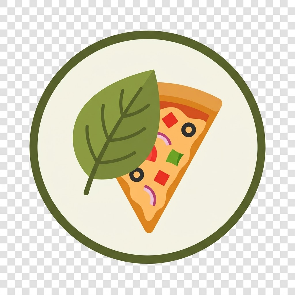 A simple, minimalist 1:1 circular icon featuring a fresh green basil leaf overlapping a vibrant vegetable pizza slice. Modern flat vector style, earthy colors.